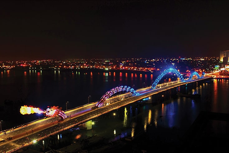 Dragon bridge at night from above