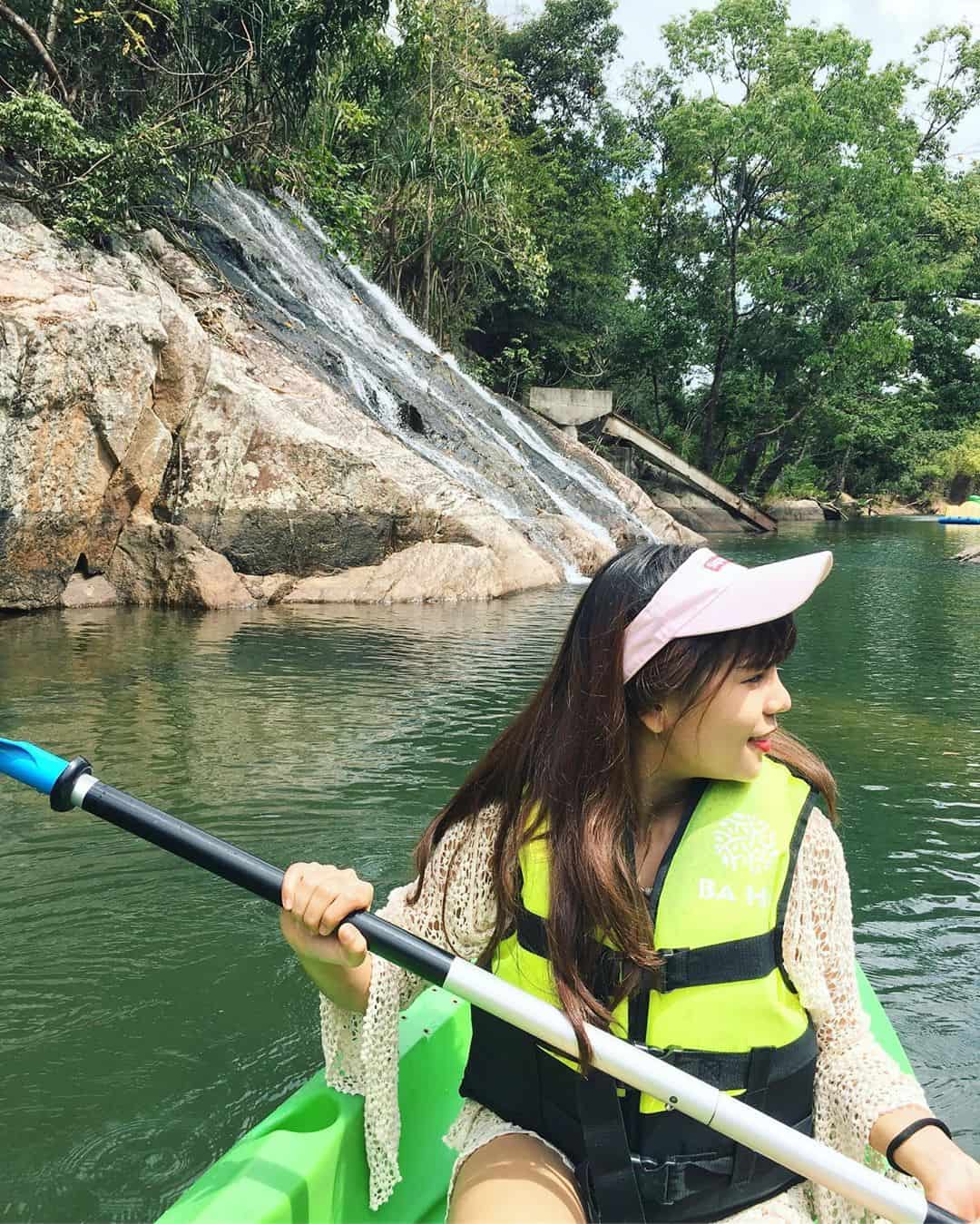 Riding in the water at Ba Ho waterfalls