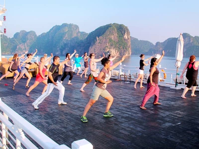 Tai Chi exercise in Halong bay