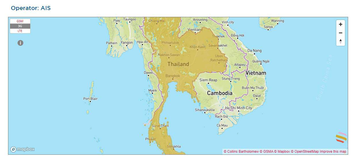 AIS coverage Map for 3G in Thailand