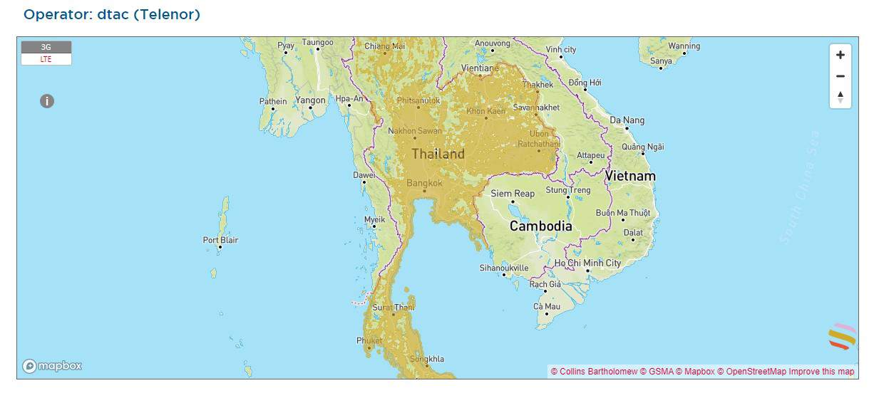 DTAC coverage Map for 3G in Thailand