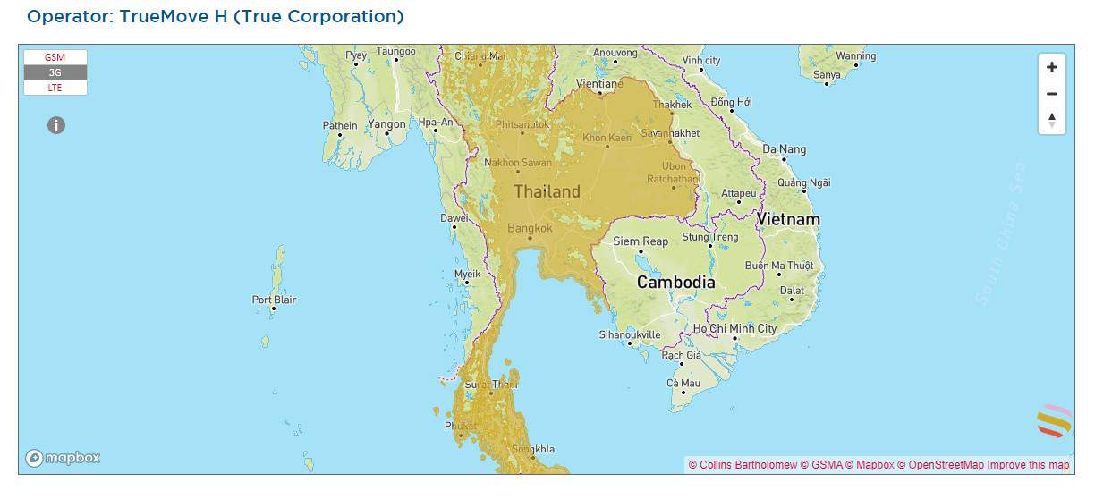 True Move H coverage Map for 3G in Thailand