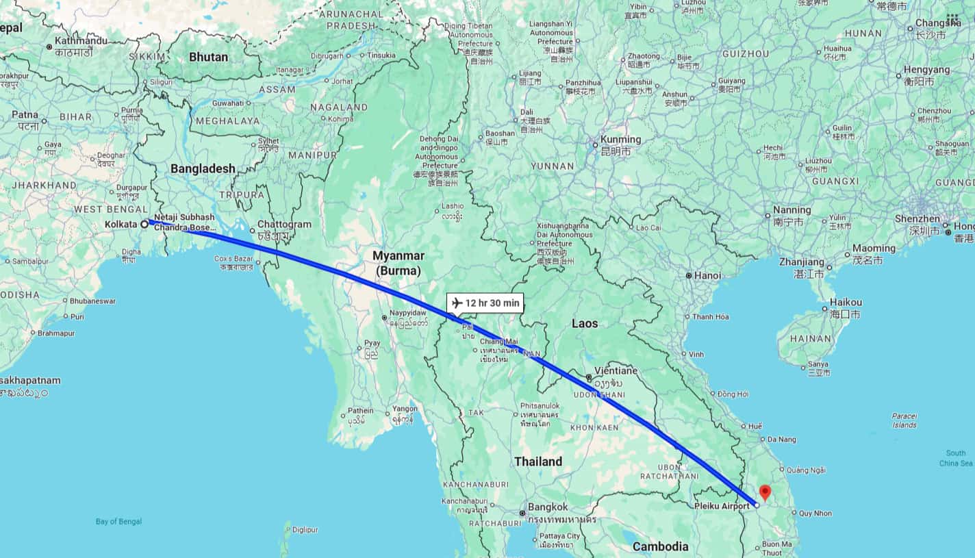 Kolkata to Vietnam Flights on map 