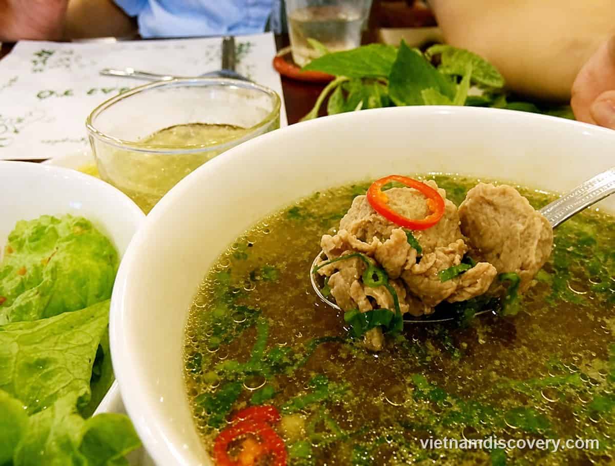 The broth bowl, with beef, meatballs, spring onion and chilli