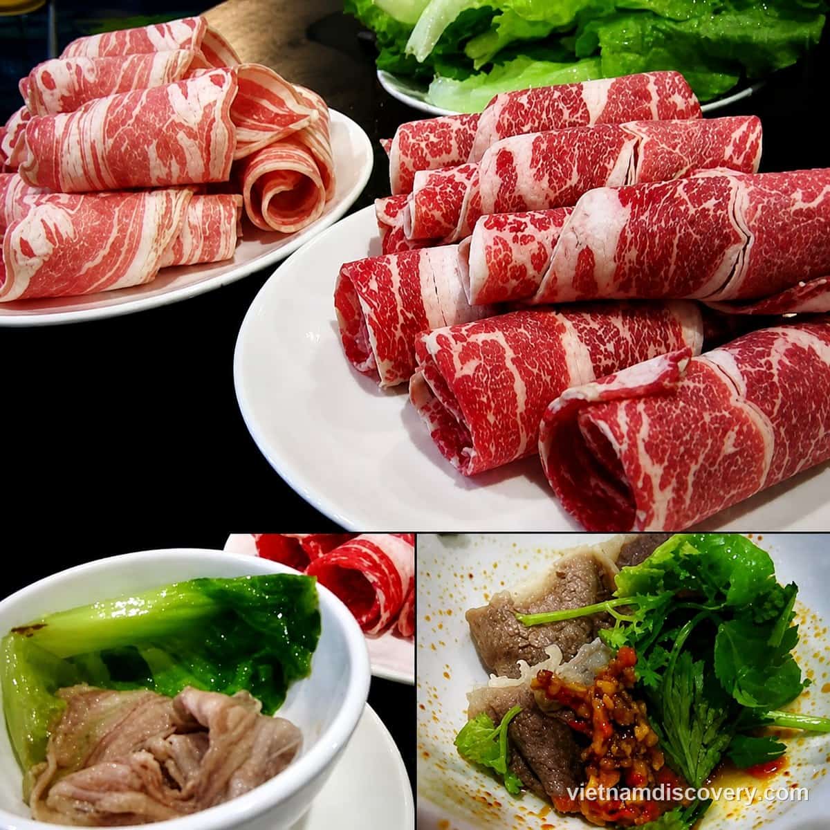 Rolls of sliced beef with greens, and bowls of beef cooked in broth
