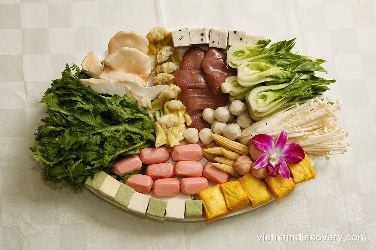 A platter of ingredients for goat hotpot