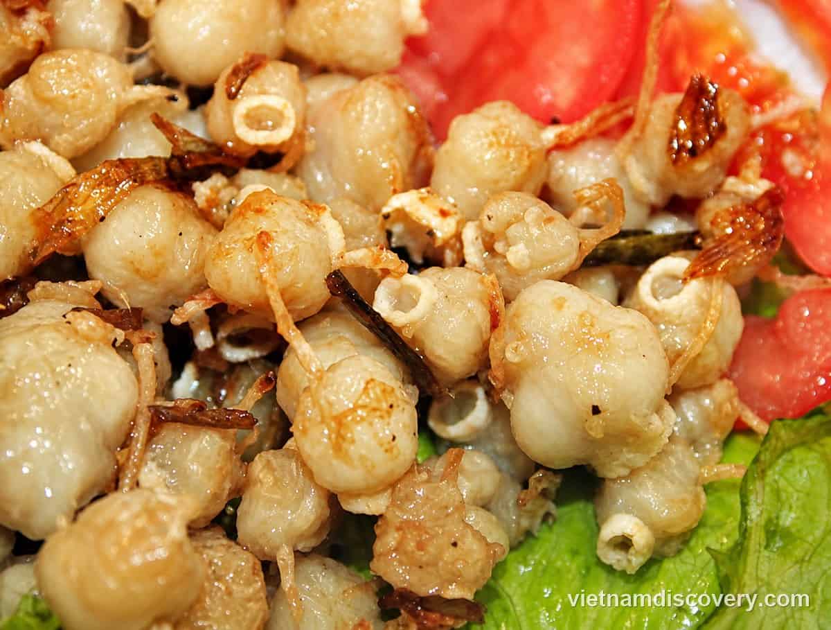 Close-up of cooked squid teeth