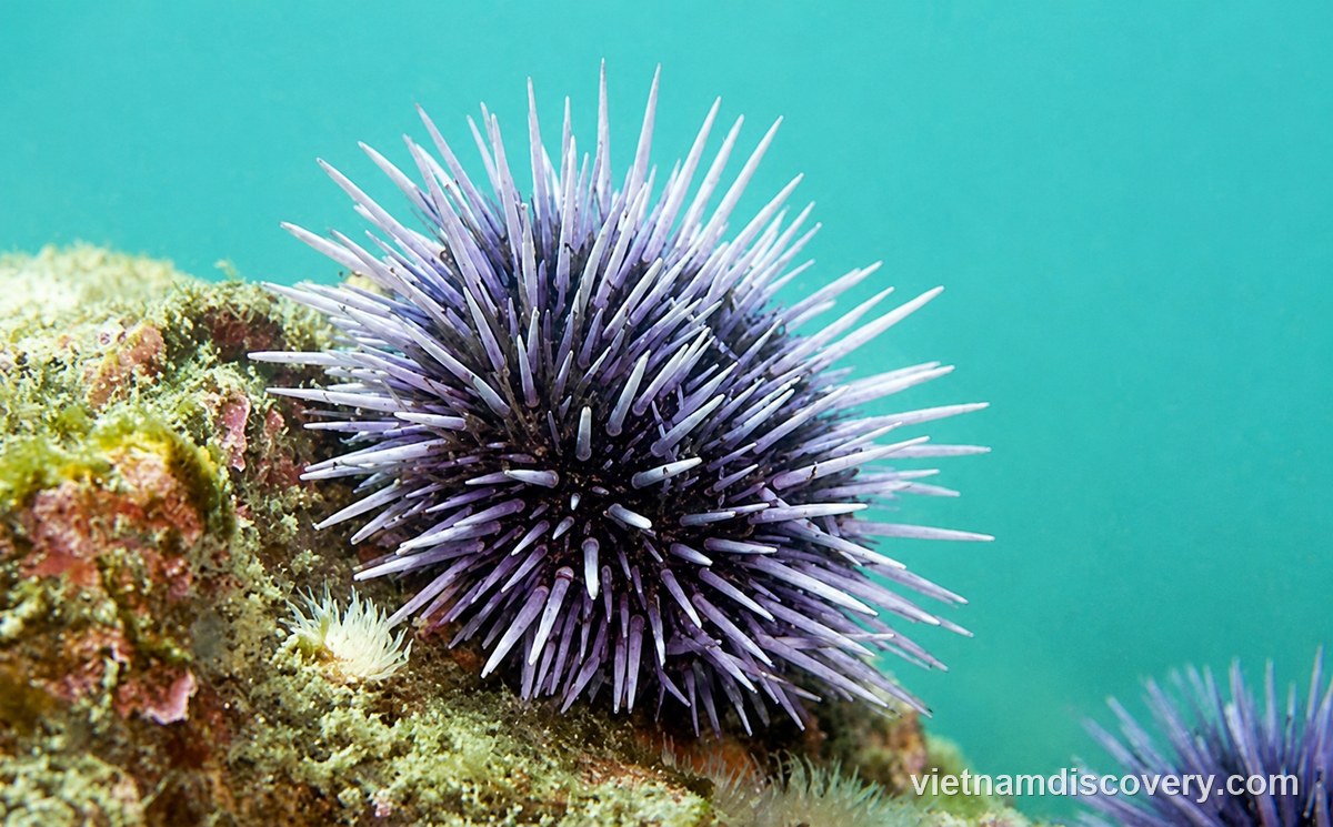 A sea urchin on a rock under water